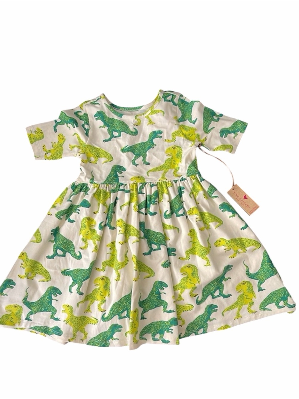 NEW Pink Chicken Steph Dress twirl Organic Cotton Green T-Rex Dinosaurs Dino 10